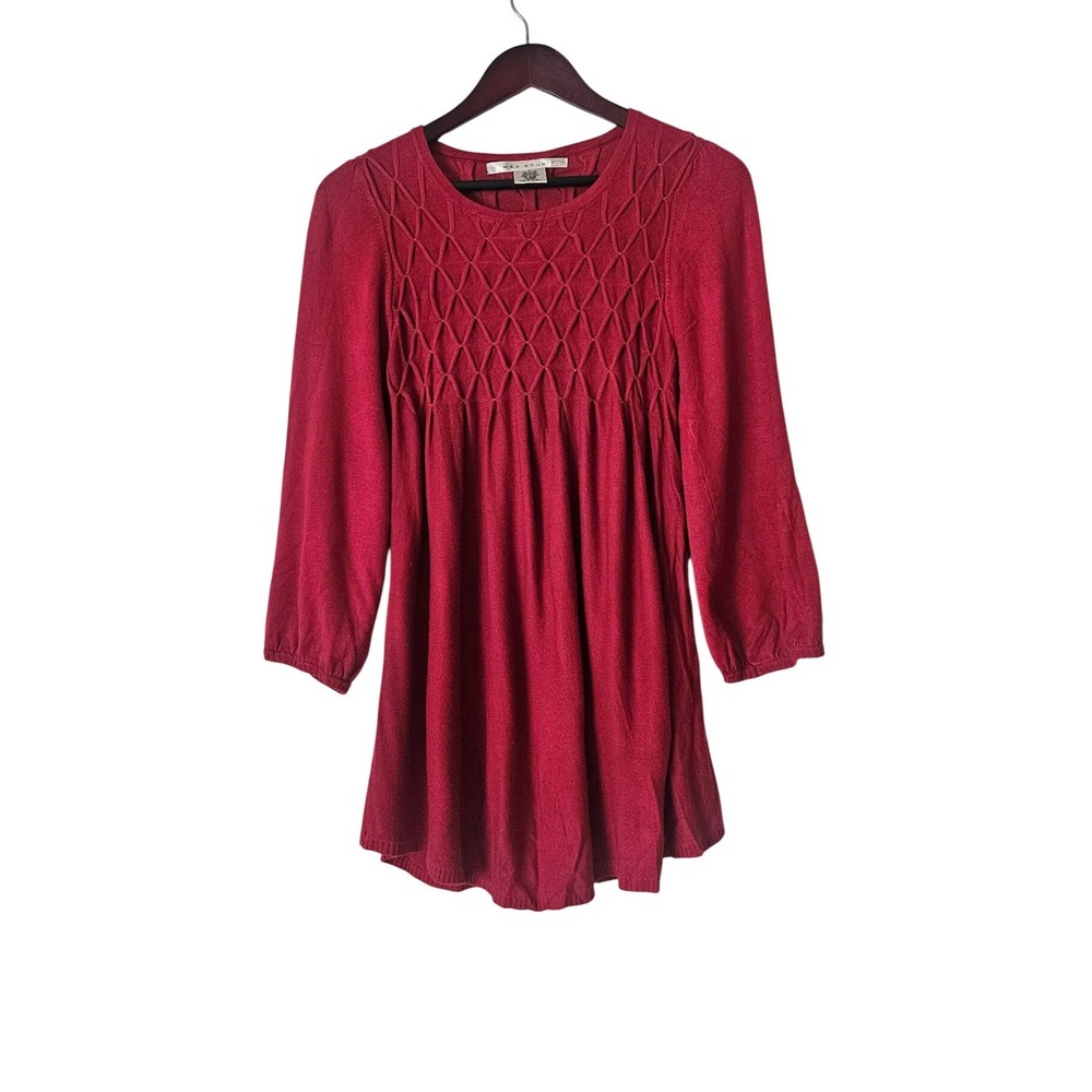 Max Studio L Cranberry Red Smocked Lattice Flowy Babydoll Tunic Sweater Boho Y2K